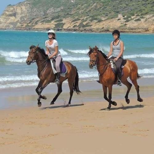 Riders on the beach below the headland