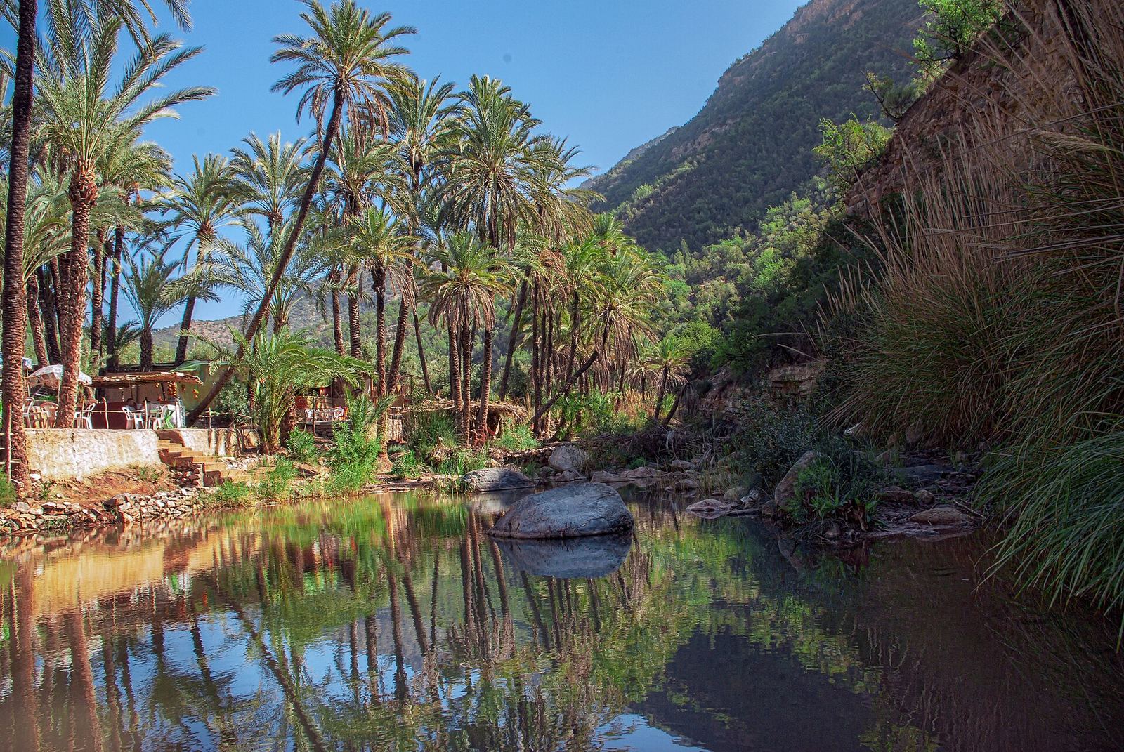 Palm-lined natural rock pools in the Atlas foothills inland from Agadir